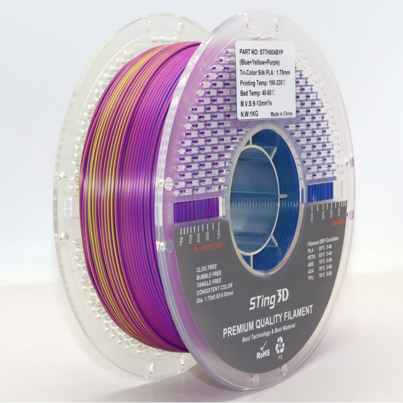 PLA Filament (пластик) для 3D принтера STing3D Silk Tri Color 1.75 мм 1 кг Триколірний Синій + Жовтий + Фіолетовий