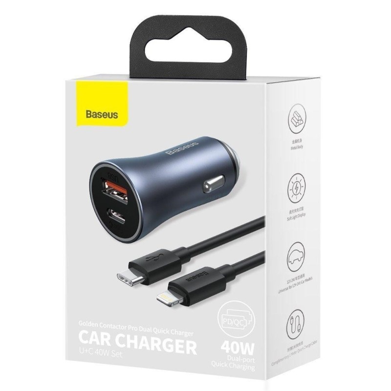 АЗП Baseus Dual Car Charger CCJDZ-CX U+C 40W Dark Gray + USB-C to Lightning (TZCCJD-B0G)