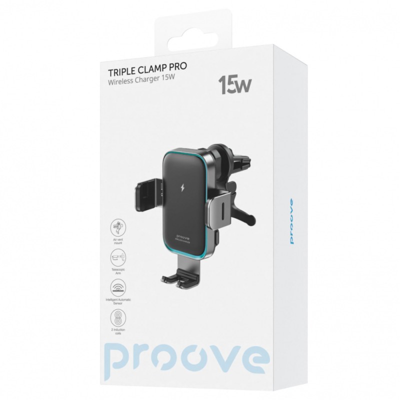 Автомобільний тримач з Бездротовим ЗП Proove Triple Clamp Pro 15W Metal Gray