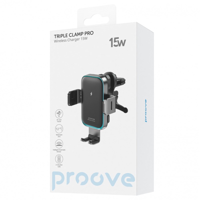 Автомобільний тримач з Бездротовим ЗП Proove Triple Clamp Pro 15W black