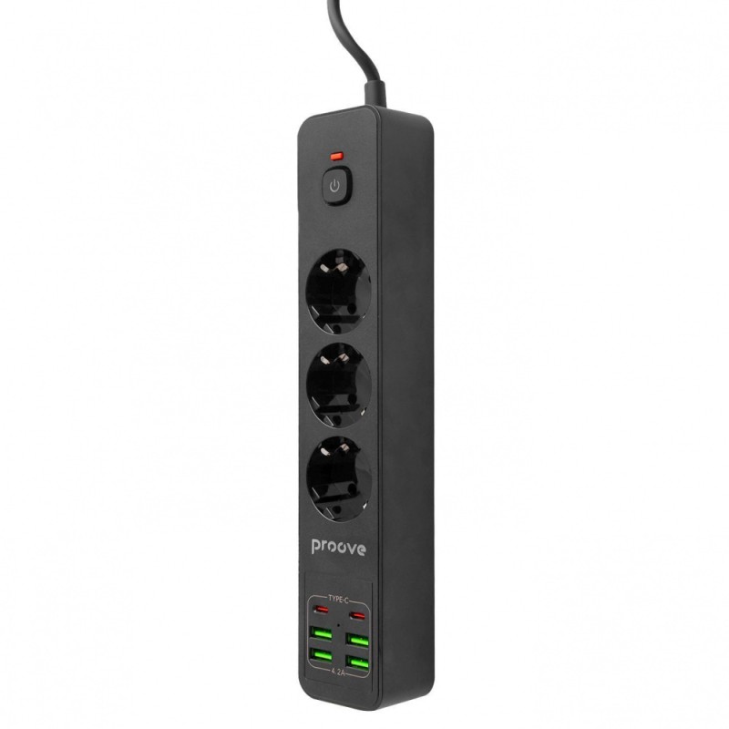 Мережевий фільтр Proove Power Strip P-03 (3 розетки + 4 USB + 2 Type-C) 2М black