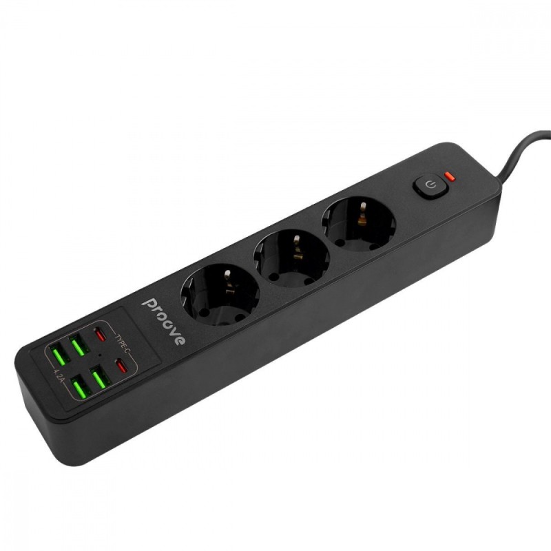 Мережевий фільтр Proove Power Strip P-03 (3 розетки + 4 USB + 2 Type-C) 2М black