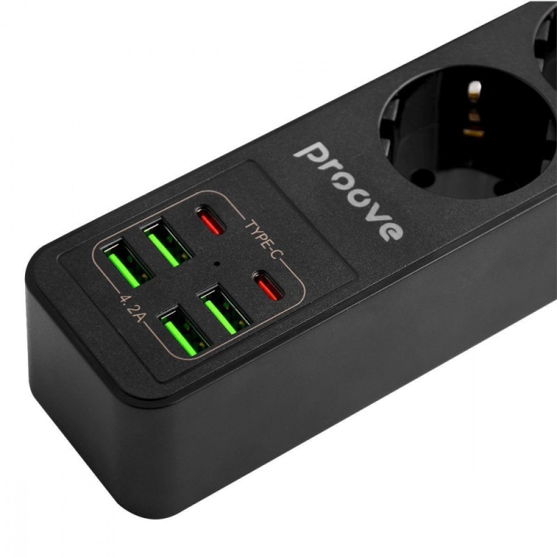 Мережевий фільтр Proove Power Strip P-03 (3 розетки + 4 USB + 2 Type-C) 2М black