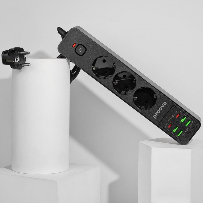 Мережевий фільтр Proove Power Strip P-03 (3 розетки + 4 USB + 2 Type-C) 2М black