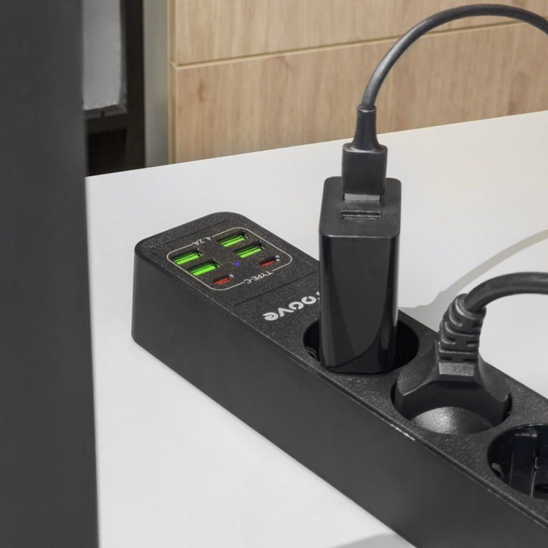 Мережевий фільтр Proove Power Strip P-03 (3 розетки + 4 USB + 2 Type-C) 2М black