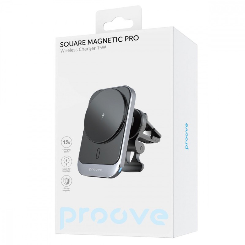 Автомобільний тримач з Бездротовим ЗП Proove Square Magnetic Pro 15W Metal Gray