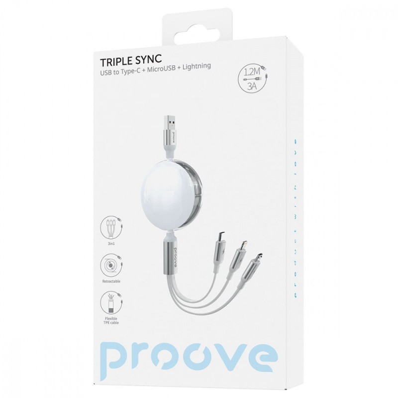 Кабель Proove Triple Sync 3 in 1 (Type-C + Micro USB + Lightning) 1.2 м White