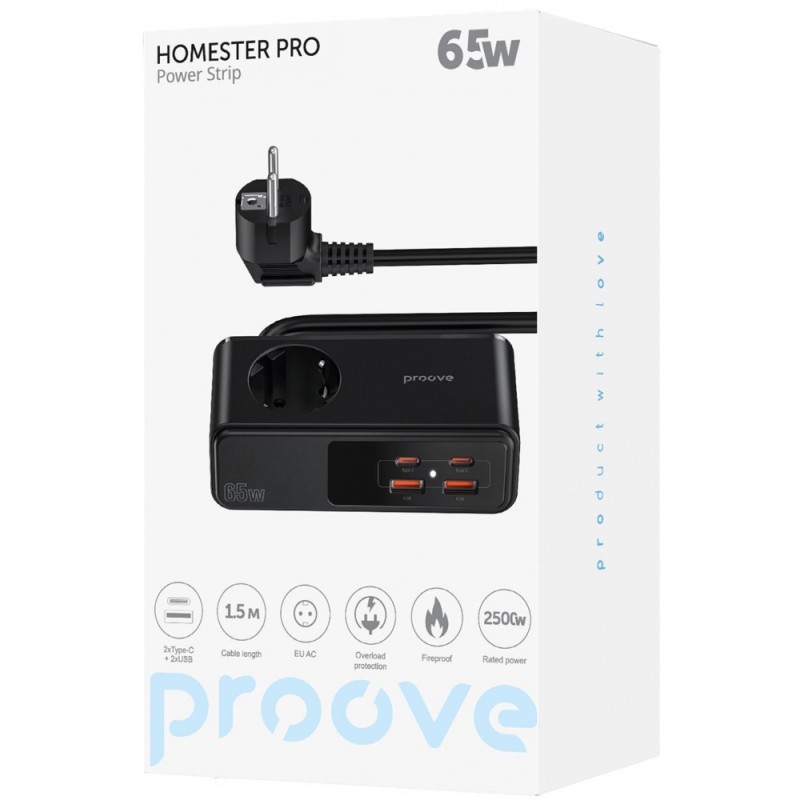 Сетевой фильтр Proove Homester Pro 65W (AC+2xType-C+2xUSB) 1.5m Black Сетевой фильтр Proove Homester Pro 65W (AC+2xType-C+2xUSB) 1.5m Black