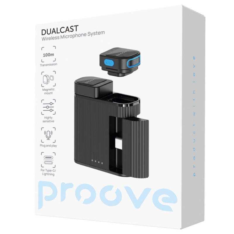 Бездротовий петличний мікрофон Proove DualCast Black для блогінгу та стрімів