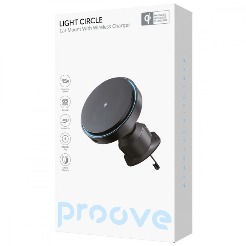 Car holder for phone Proove Light Circle Wireless Charger 15W, MagSafe Black (47926) Car holder for phone Proove Light Circle Wireless Charger 15W, MagSafe Black (47926)