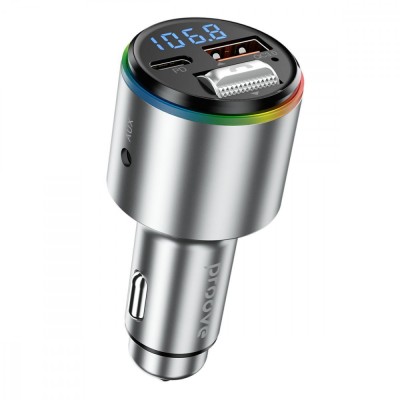 АЗП з FM-модулятором Proove FM Launcher Power Drive 30W (PD+QC3.0) Type-C+USB+AUX Silver