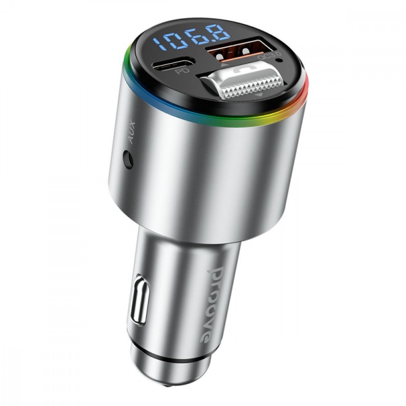 АЗУ с FM-модулятором Proove FM Launcher Power Drive 30W (PD+QC3.0) Type-C+USB+AUX Silver