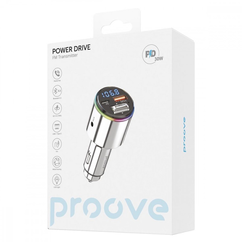 АЗУ с FM-модулятором Proove FM Launcher Power Drive 30W (PD+QC3.0) Type-C+USB+AUX Silver АЗУ с FM-модулятором Proove FM Launcher Power Drive 30W (PD+QC3.0) Type-C+USB+AUX Silver