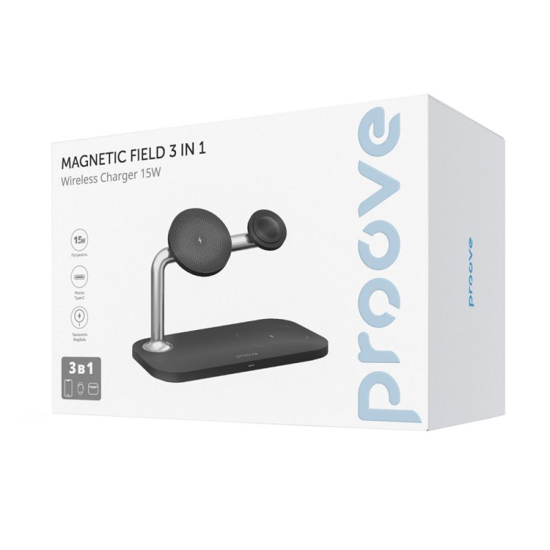 Бездротовий зарядний пристрій Proove Magnetic Field 3 in 1, MagSafe, QuickCharge, Type-C 15W Black (44657) Бездротовий зарядний пристрій Proove Magnetic Field 3 in 1, MagSafe, QuickCharge, Type-C 15W Black (44657)
