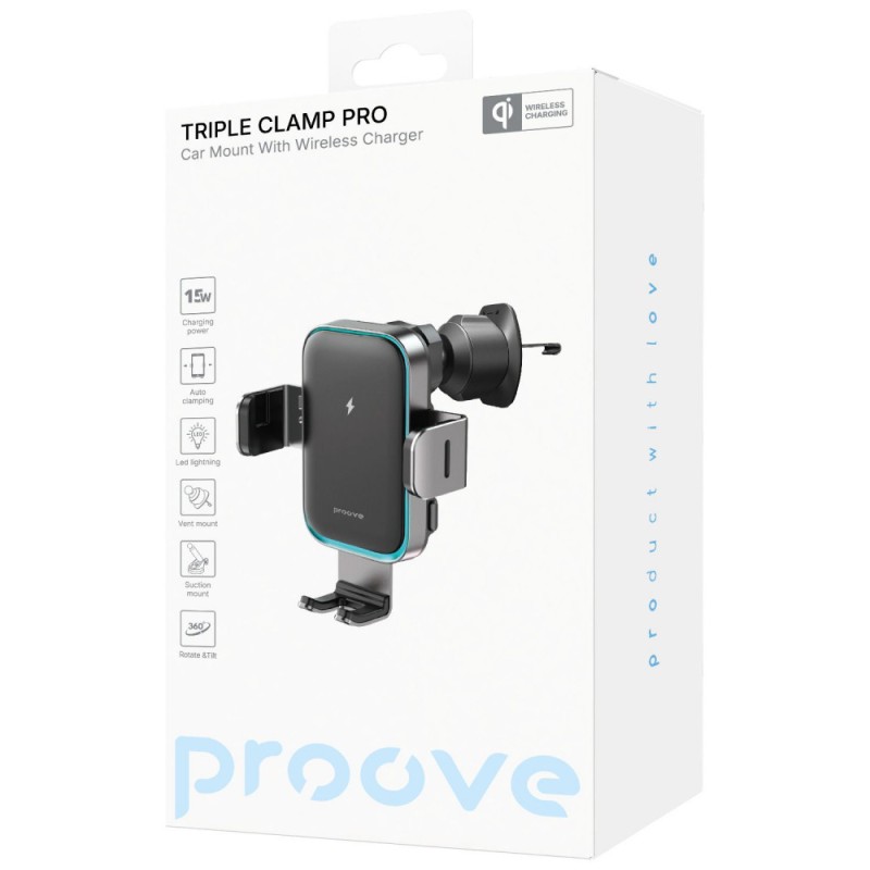 Автомобильный держатель с беспроводным ЗУ Proove Triple Clamp Pro 15W Metal Gray