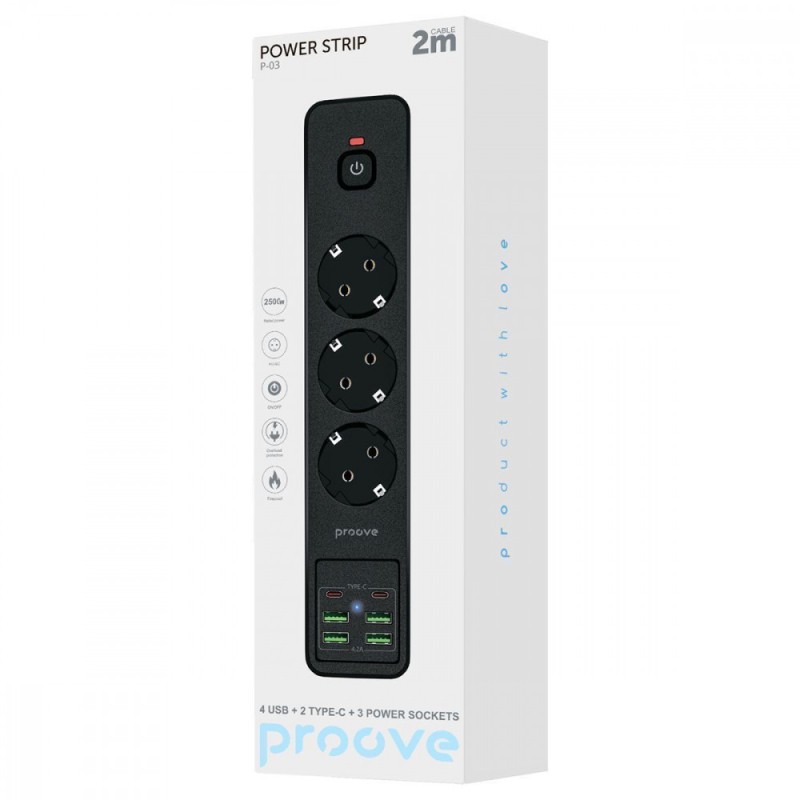 Мережевий фільтр Proove Power Strip P-03 (3 розетки + 4 USB + 2 Type-C) 2М black