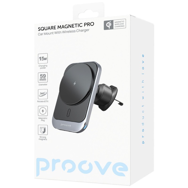 Proove Square Magnetic Pro 15W Metal Gray Car Holder with Wireless Charger Proove Square Magnetic Pro 15W Metal Gray Car Holder with Wireless Charger