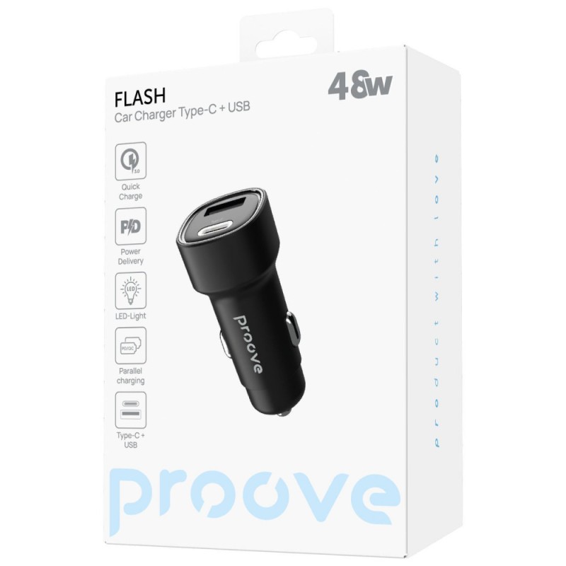 Car Charger Proove Flash 48W (Type-C + USB) Black Car Charger Proove Flash 48W (Type-C + USB) Black