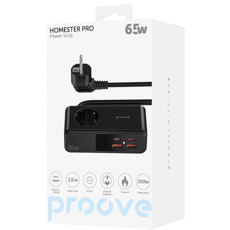 Сетевой фильтр Proove Homester Pro 65W (AC+2xType-C+2xUSB) 1.5m Black