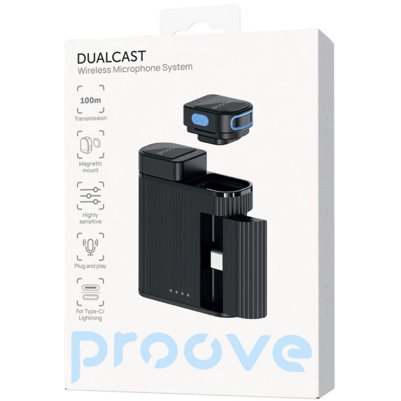 Бездротовий петличний мікрофон Proove DualCast Black для блогінгу та стрімів Бездротовий петличний мікрофон Proove DualCast Black для блогінгу та стрімів