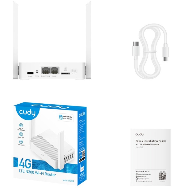 Маршрутизатор Cudy LT300, N300 Wi-Fi, 4G LTE Cat4, USB-C power, Mini Router