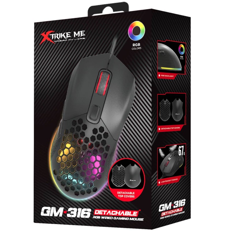 Мишка XTRIKE ME GM-316, ігрова 7200dpi., 6кн., 13 режимів RGB, 2 панелі, чорна