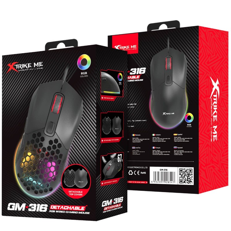 Мишка XTRIKE ME GM-316, ігрова 7200dpi., 6кн., 13 режимів RGB, 2 панелі, чорна