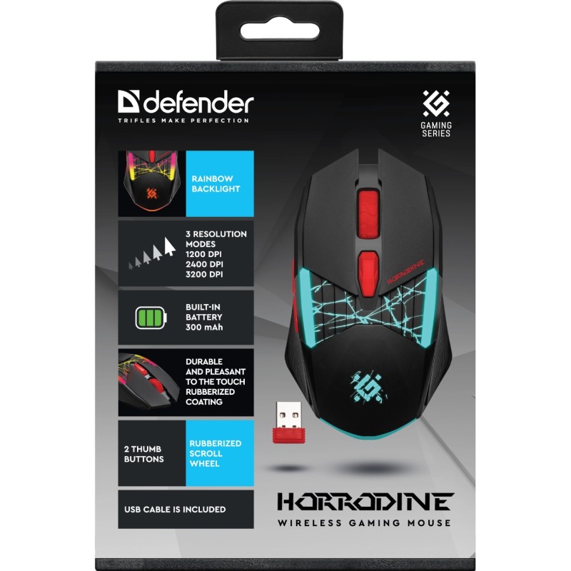 Мишка Defender Horrodine GM-237, бездротова, ігрова, 6кн., 3200 dpi., 320 mAh, чорна Мишка Defender Horrodine GM-237, бездротова, ігрова, 6кн., 3200 dpi., 320 mAh, чорна