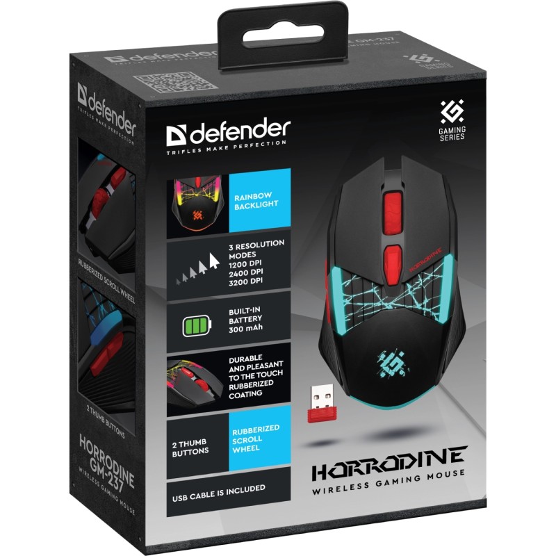 Мишка Defender Horrodine GM-237, бездротова, ігрова, 6кн., 3200 dpi., 320 mAh, чорна Мишка Defender Horrodine GM-237, бездротова, ігрова, 6кн., 3200 dpi., 320 mAh, чорна