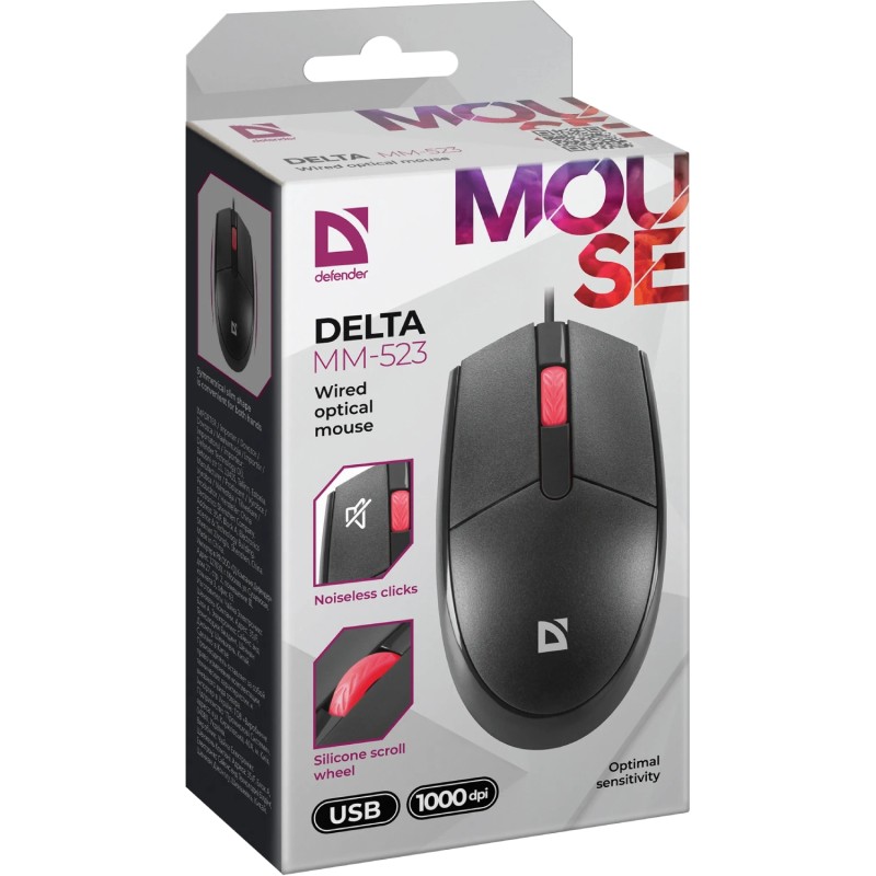 Мишка Defender Delta MM-523, 3кн.,1000dpi, безшумна чорна