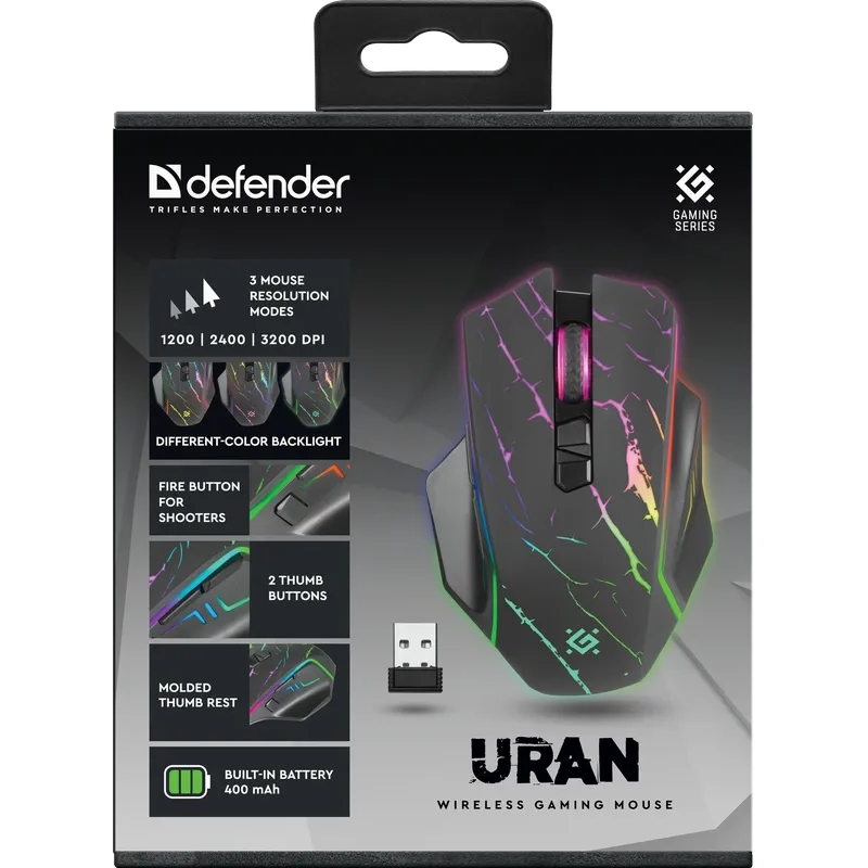 Мишка Defender Uran GM-503, бездротова, ігрова, 3200 dpi., 8кн., 400mAh, LED, чорна Мишка Defender Uran GM-503, бездротова, ігрова, 3200 dpi., 8кн., 400mAh, LED, чорна