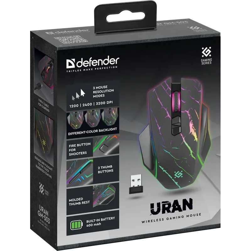 Мишка Defender Uran GM-503, бездротова, ігрова, 3200 dpi., 8кн., 400mAh, LED, чорна Мишка Defender Uran GM-503, бездротова, ігрова, 3200 dpi., 8кн., 400mAh, LED, чорна