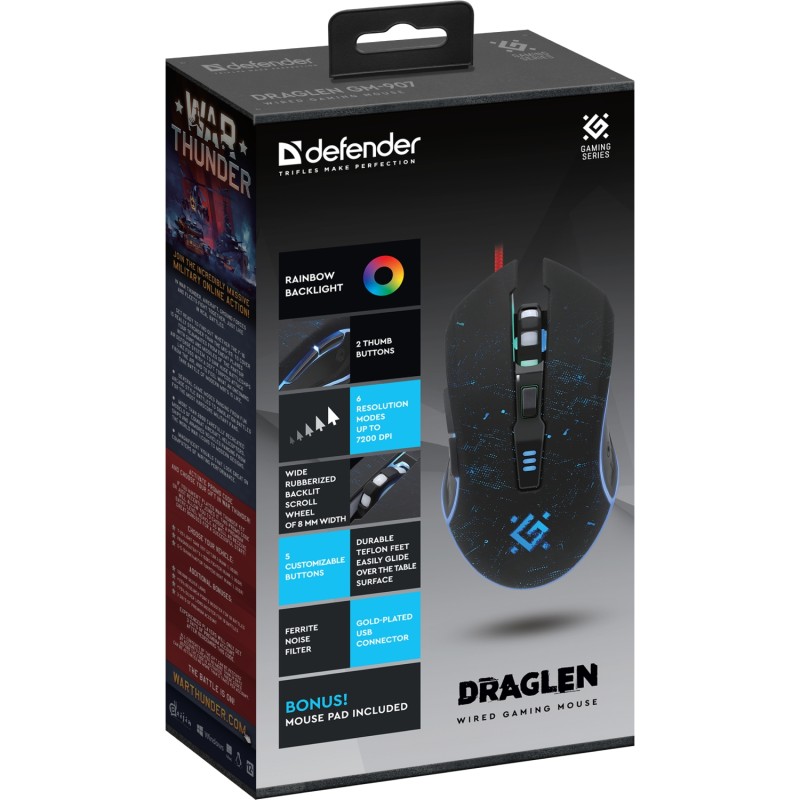 Мишка Defender Draglen GM-907 ігрова, 7200dpi., 6кн., чорна