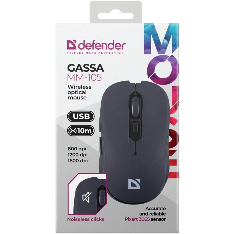 Мишка Defender Gassa MM-105, бездротова, 6 кн., 1600 dpi, безшумна чорна