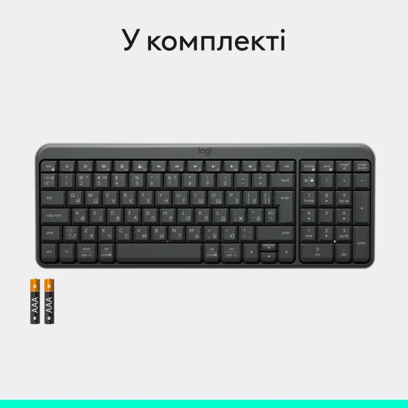Клавіатура бездротова LOGITECH K250 UKR, 2.4GHZ/BT, Graphite