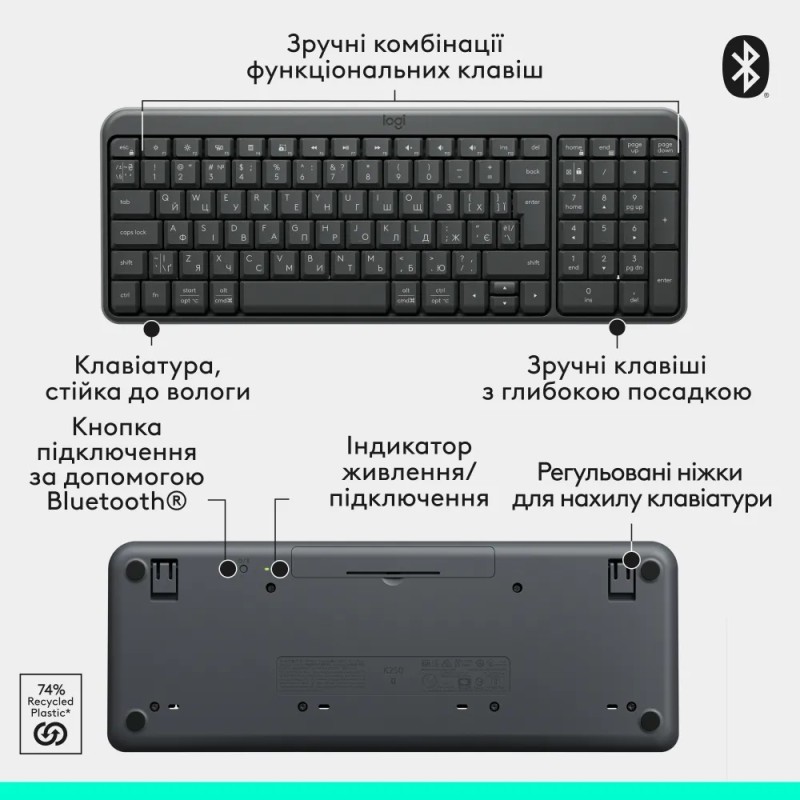 Клавіатура бездротова LOGITECH K250 UKR, 2.4GHZ/BT, Graphite