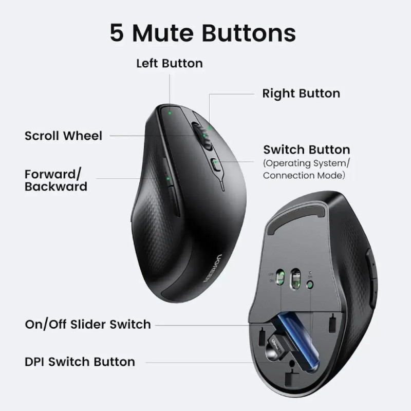 Мишка UGREEN 2.4GHz+Bluetooth MU101, бездротова, 4000dpi., 5кн., чорна