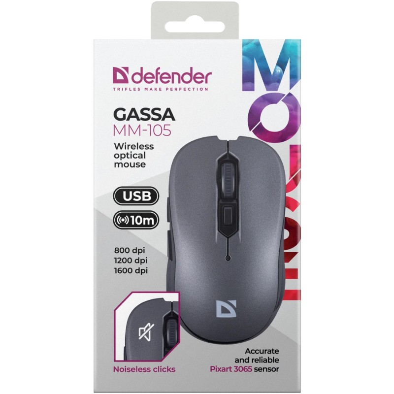 Мишка Defender Gassa MM-105, бездротова, 6 кн., 1600 dpi, безшумна сіра