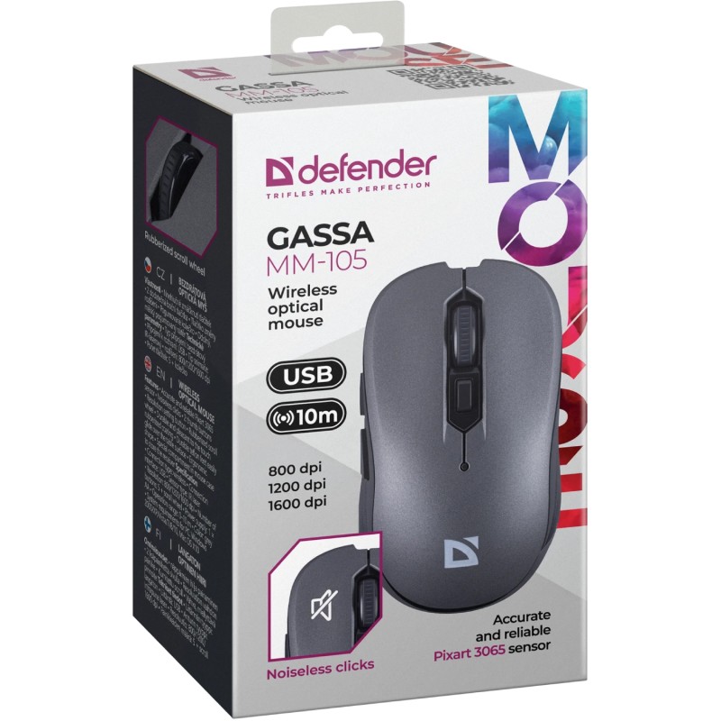 Мишка Defender Gassa MM-105, бездротова, 6 кн., 1600 dpi, безшумна сіра