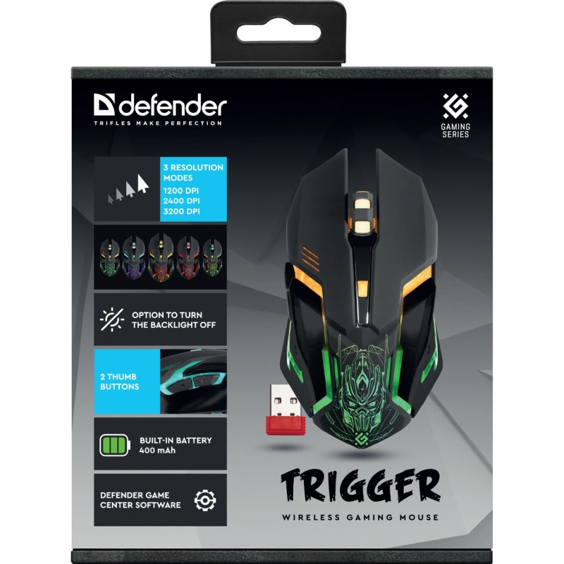 Мишка Defender Trigger GM-934, бездротова, ігрова, 6 кн. 3200 dpi, 350mAh, LED, чорна Мишка Defender Trigger GM-934, бездротова, ігрова, 6 кн. 3200 dpi, 350mAh, LED, чорна