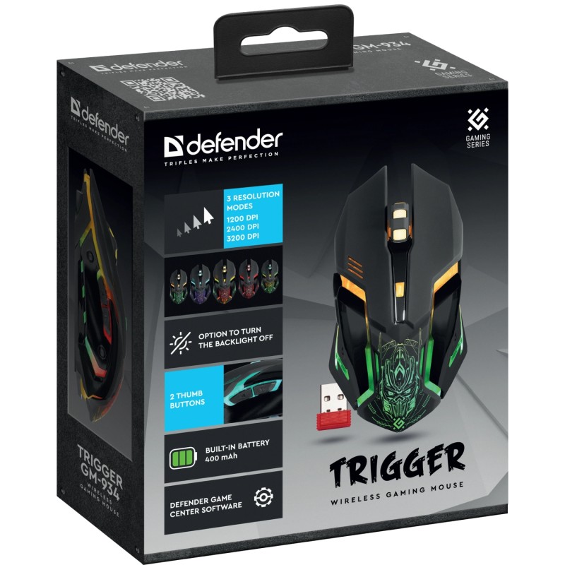 Мишка Defender Trigger GM-934, бездротова, ігрова, 6 кн. 3200 dpi, 350mAh, LED, чорна Мишка Defender Trigger GM-934, бездротова, ігрова, 6 кн. 3200 dpi, 350mAh, LED, чорна