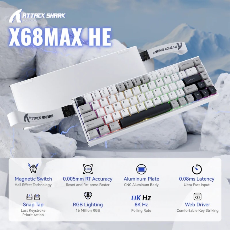 Клавіатура ігрова магнітна Attack Shark X68 Max HE 68кл. RGB, USB-C, Starlight White