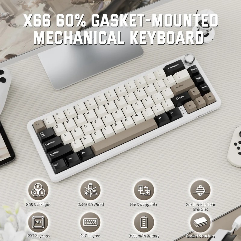 Клавіатура ігрова механічна Attack Shark X66 66кл. RGB, Wireless, Cheese White