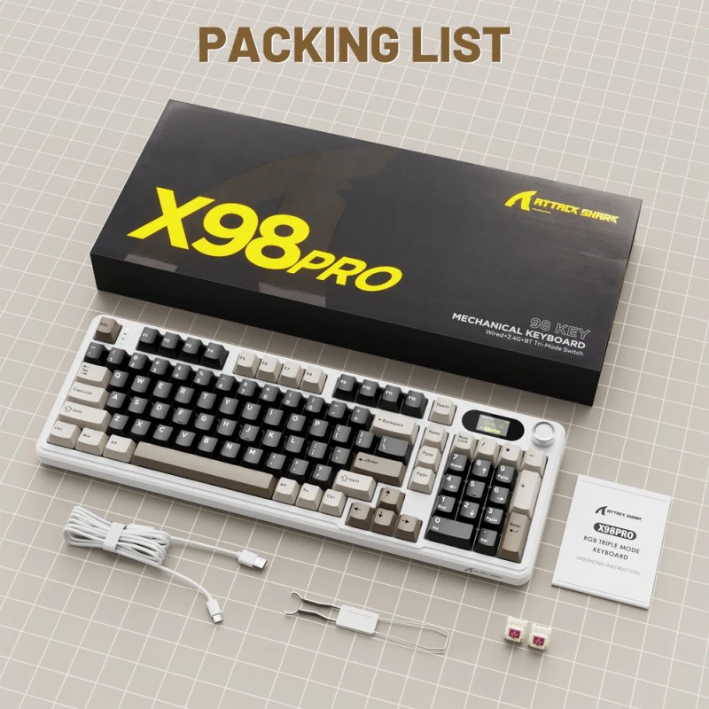 Клавіатура ігрова механічна Attack Shark X98 Pro 99кл. RGB, Wireless, TFT disp., Cheese white
