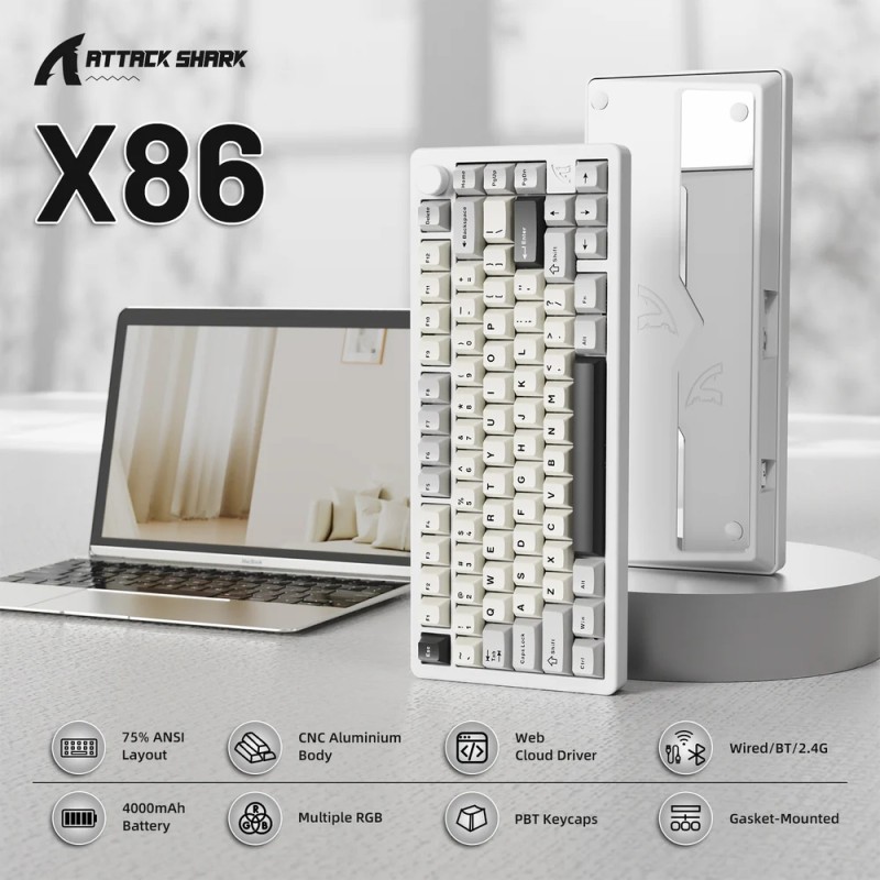Клавіатура ігрова механічна Attack Shark X86 82кл.RGB,Wireless,Matcha Switch, Starlight White