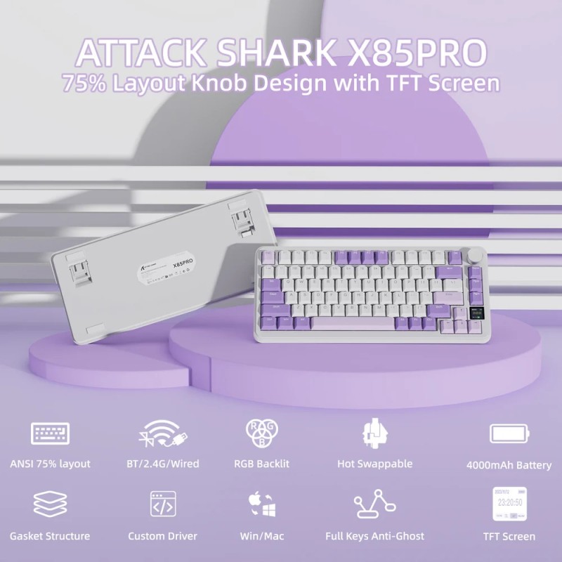Клавіатура ігрова механічна Attack Shark X85PRO 82кл. RGB, Wireless, Lavender