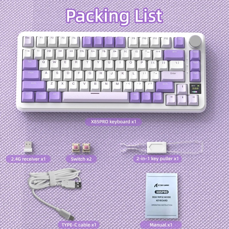 Клавіатура ігрова механічна Attack Shark X85PRO 82кл. RGB, Wireless, Lavender