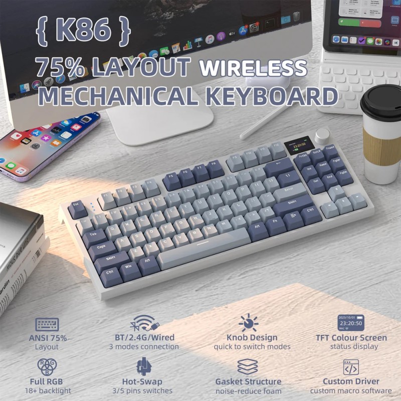 Клавіатура ігрова механічна Attack Shark K86 87кл.RGB,Wireless, Blue Whale перемикачі,Moonlit Night Клавіатура ігрова механічна Attack Shark K86 87кл.RGB,Wireless, Blue Whale перемикачі,Moonlit Night