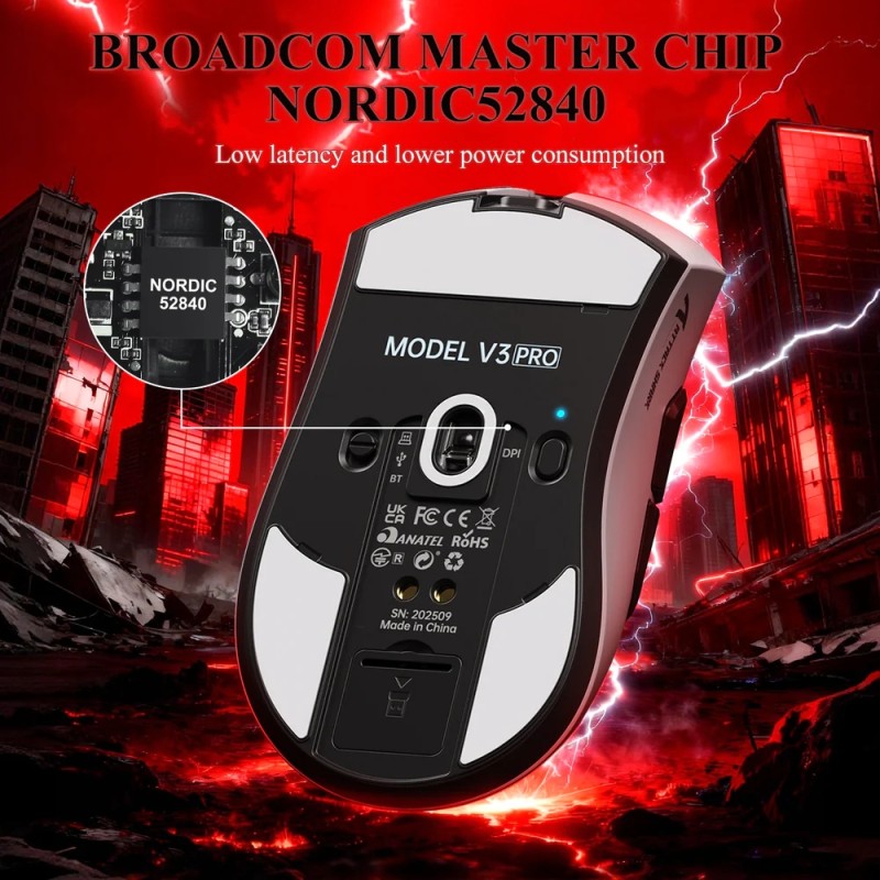 Мишка Attack Shark V3Pro Ultra-Light, Wireless/Bluetooth, 25000dpi. (PAW3311), 6кн., Black