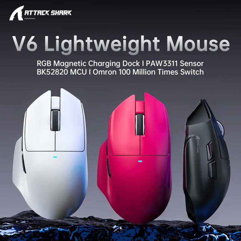 Мишка Attack Shark V6 Ultra-Light, Wireless/Bluetooth, 25000dpi. (PAW3311), 7кн., Black Мишка Attack Shark V6 Ultra-Light, Wireless/Bluetooth, 25000dpi. (PAW3311), 7кн., Black